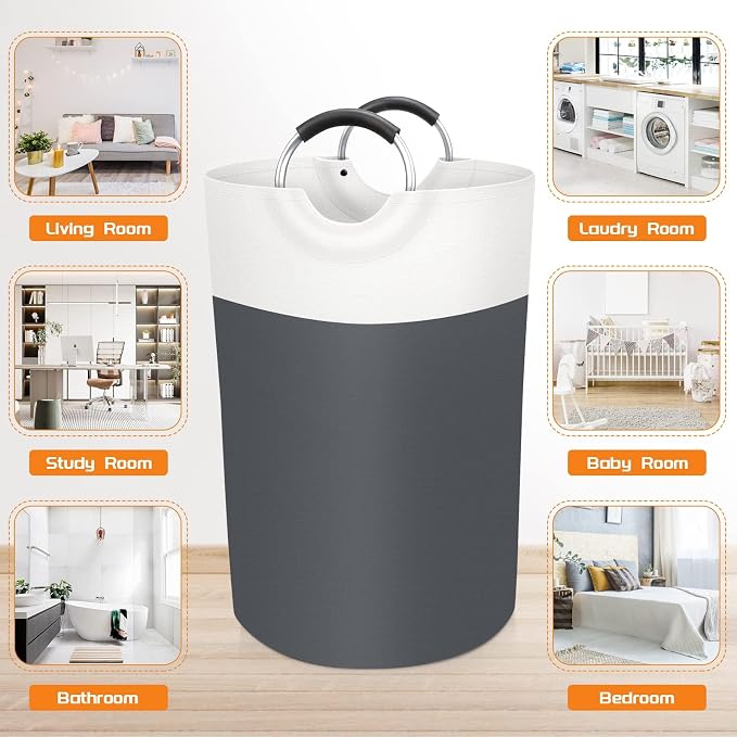 BlissTotes 75L Laundry Basket, Freestanding Collapsible Hamper, Gray | Collapsible Dirty Clothes Hamper, Foldable Laundry Bag for Dorm, Waterproof Fabric, Padded Aluminum Handles