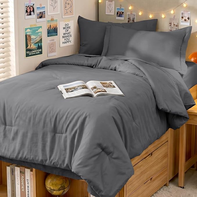 5 Pieces Twin XL Comforter Set, Soft Bed in a Bag Twin XL Size, All Season Bedding Set with Comforter, Flat Sheet, Fitted Sheet, Pillowcases & Shams, Dark Grey