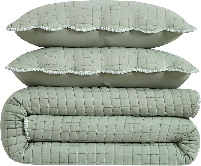 WDCOZY Sage Green Twin Size Quilt Bedding Set, Seafoam Scalloped Farmhouse Country Rustic Lightweight Soft Coverlet for All Season, Cute Cozy Kantha Pick Stitch Bedspread, 1 Pillow Shams