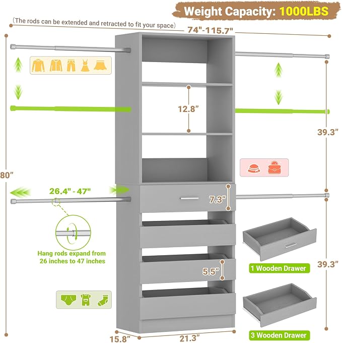 Aheaplus Closet System, 4-9Ft Closet Organizer with 4 Wooden Drawers, Grey | Wood Closet Organizer System with Tower, Walk-in Closet Organizer Wardrobe Clothes Rack with 4 Hanging Rods, Garment Rack
