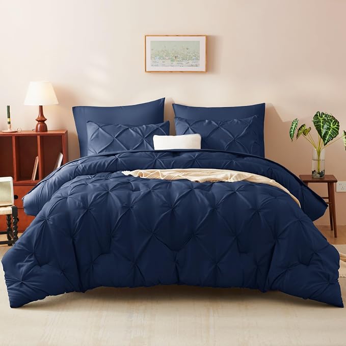 HIMEET Twin XL Comforter Set Navy Blue - 5 Pieces Pintuck Bed in a Bag | OEKO-TEX Certified, 240GSM Down Alternative Comforter, 14" Deep Pocket Fitted Sheet + Flat Sheet + 1 Pillowcase + 1 Sham