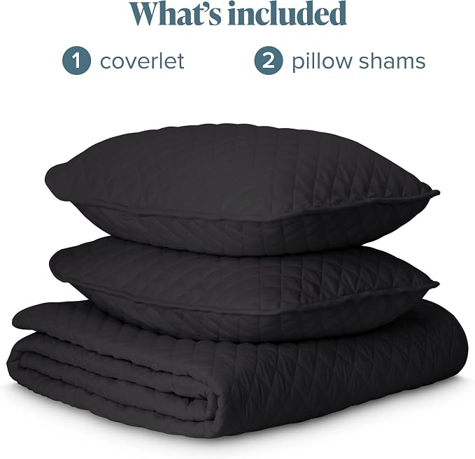 Bare Home Coverlet Set - Full/Queen - Lightweight Bed Decor - Comforter Alternative - All-Season Quilted Bedspread (Full/Queen, Black)