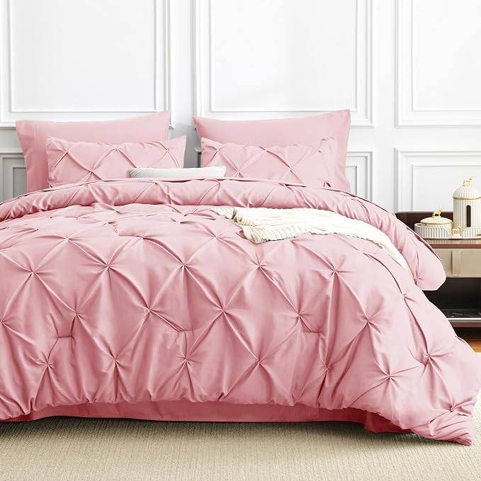 HIMEET Full Size Comforter Set Pink - 7 Pieces Pintuck Bed in a Bag | OEKO-TEX Certified, 240GSM Down Alternative Comforter, 14" Deep Pocket Fitted Sheet + Flat Sheet + 2 Pillowcases + 2 Shams