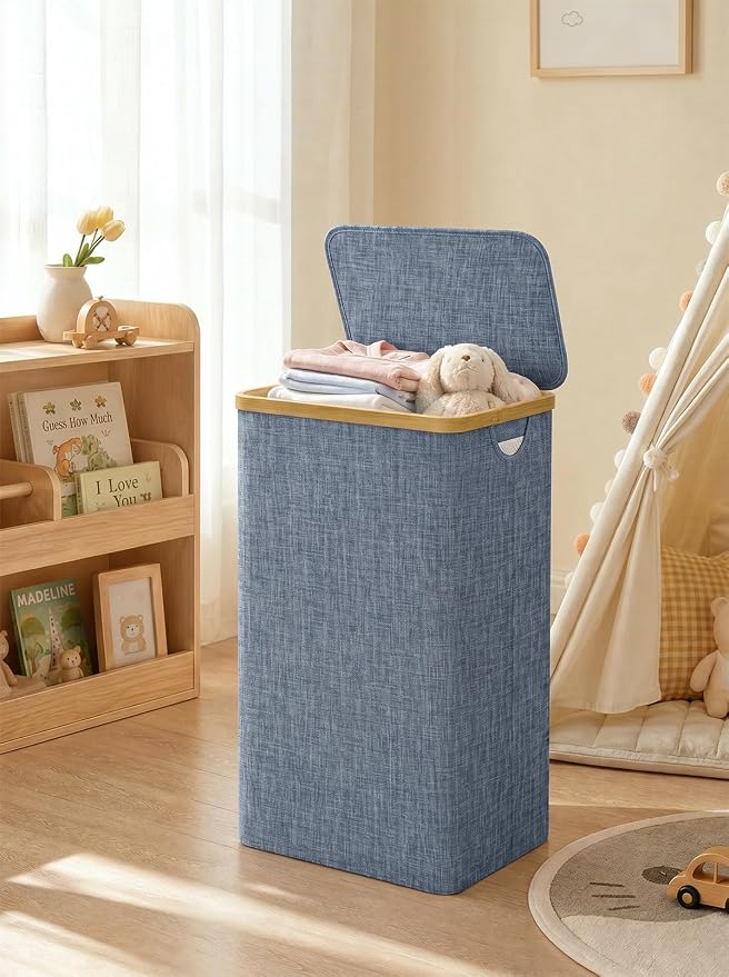 IEGrow Laundry Hamper with Lid,110L Laundry Basket with Mesh Bags,Blue | Dirty Clothes Hamper Basket with Bamboo Handle for Clothes Towels