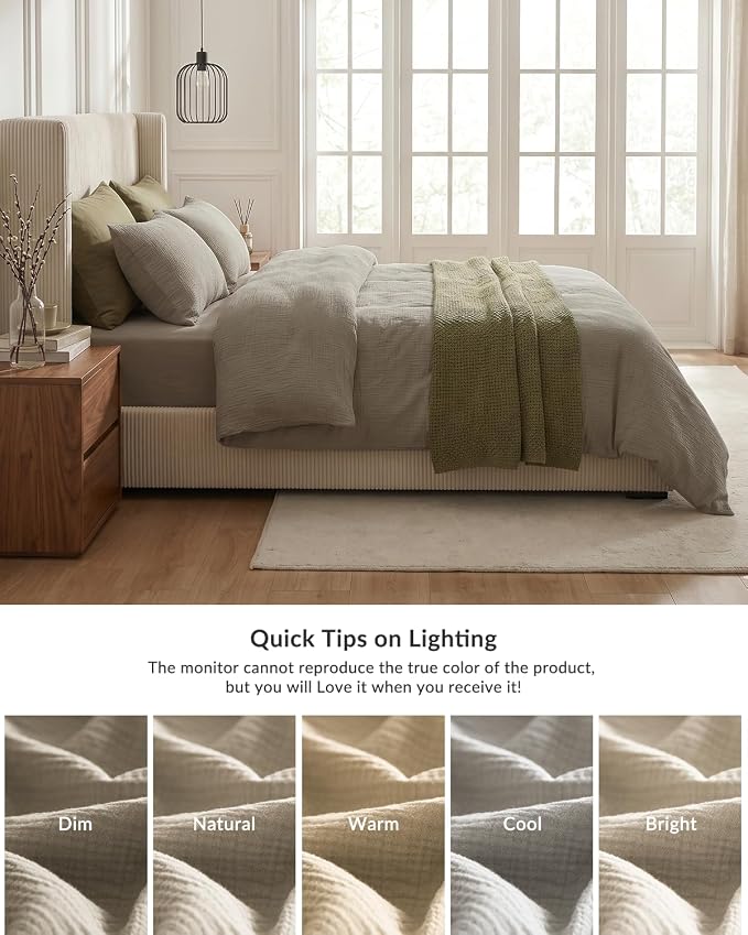 SE SOFTEXLY Muslin Duvet Cover Queen Size, 100% Washed Cotton Duvet Cover Set, Ultra Soft Comforter Cover Linen Like, 3 Pieces Minimalist Gauze Duvet Cover with 2 Pillowcases, 68"x90", Oatmeal