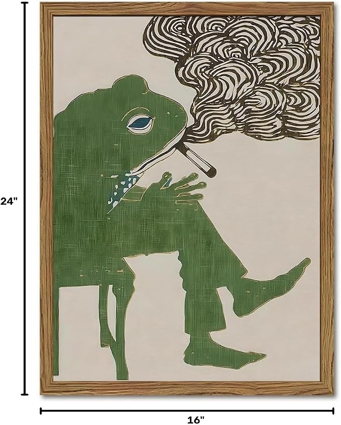 Funny Frog Smoking Wall Art Whimsical Green Frog Wall Decor Painting Cute Animal Bar Cart Poster Canvas Prints for Bedroom Living Room 16x24 inch Wood Framed