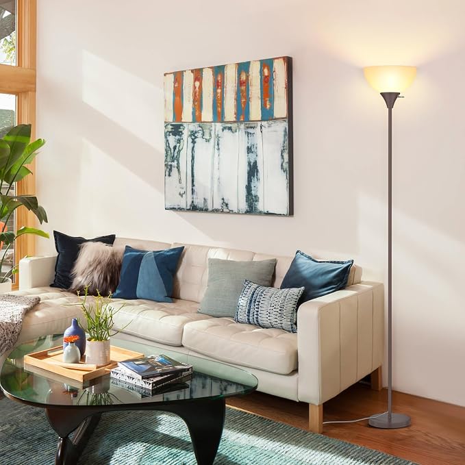 Coucrek Floor Lamp, LED Standing Lamps with White Plastic Shade, Corner Floor Lights for Living Room Bedroom, Rotary Switch, Bulb not Included, Brown