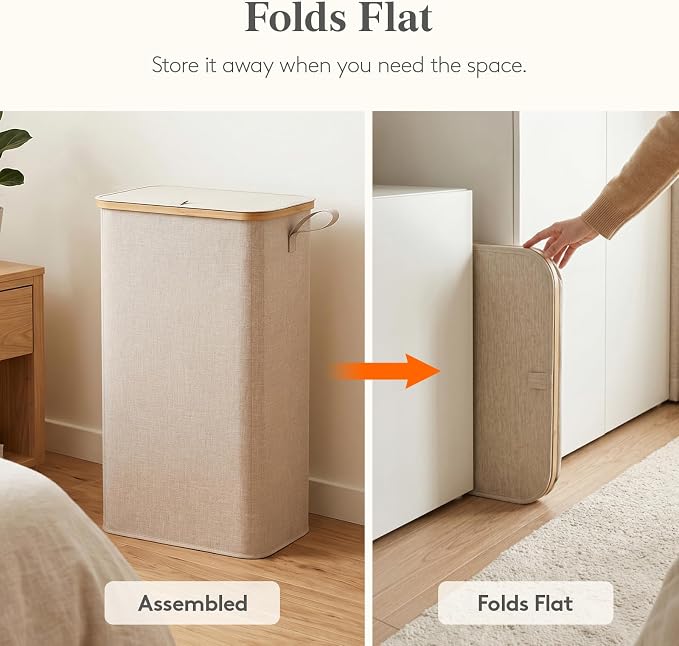 Lifewit 75L Slim Laundry Hamper with Lid, Narrow Laundry Basket with Removable Bag & Bamboo Handles, Fodable Thin Dirty Clothes Hamper for Laundry Collapsible Bin for Bathroom Bedroom Dorm, Beige