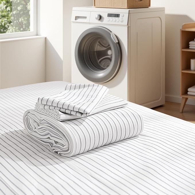 NEXHOME PRO Striped Duvet Cover Super King,100% Washed Cotton Bedding Set,Textured Linen Feel,Breathable,Organic,3 Piece(Grey Stripes 108x98)