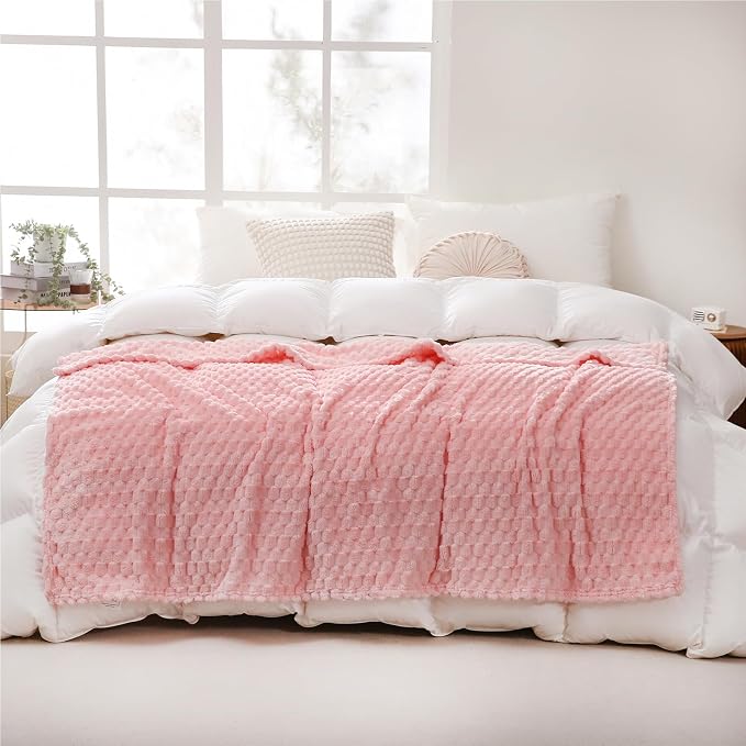 Puncuntex Light Pink Throw Blanket 108"×90" Fuzzy 3D Jacquard Decorative | Flannel Fleece Super Soft Plush Cozy Blanket for Couch Sofa Chair Lightweight
