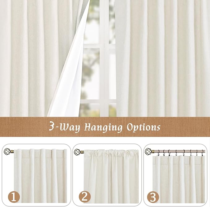 Linen 100% Blackout Window Curtains for Bedroom 45 Inches, 2 Panels | Linen Textured, Thermal, Farmhouse Curtains, Privacy Window Panels, White Liner, Rod Pocket Back Tab, 52 x 45 Inch, Ivory