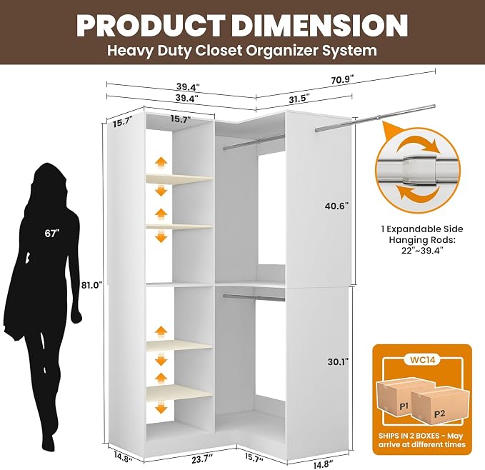 Corner Closet System, L-Shaped Closet Organizer with 4 Adjustable Shelves and 3 Hanging Rods, Modular Closet System for Walk-In Closets and Custom Closet Organization, 70.9"W × 15.8"D × 81"H