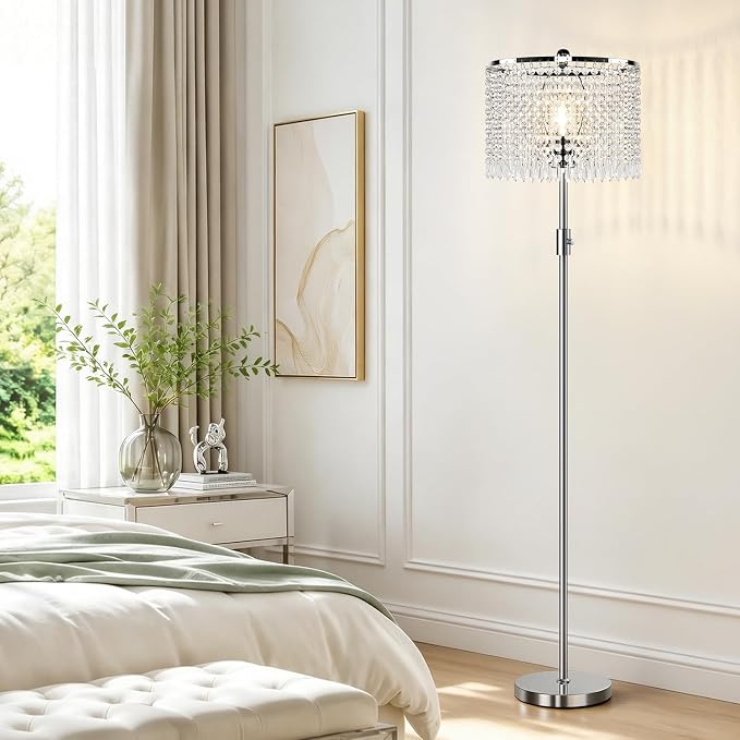 【Upgraded】 Dimmable Crystal Floor Lamps for Living Room, 1000LM LED Bulb Included, Standing Lamp with Knob Switch, Tall Silver Modern Floor Lamp for Bedroom Nursery Office Reading