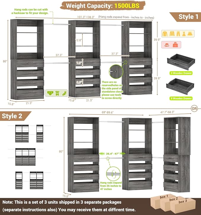 Aheaplus Closet System with 12 Drawers, 8.5-11.5Ft Wood Closet Organizer | Black Oak Closet Storage with 4 Hanging Rods & 3 Towers, 4Ft & 6Ft L-Shaped Walk-in Closets Wardrobe Organizer, Set of 3