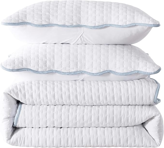 WDCOZY White Queen Size Quilt Bedding Set, Scalloped Farmhouse Country Rustic Lightweight Soft Coverlet, Cute Cozy Kantha Pick Stitch Bedspread, 2 Pillow Shams, Blue Edge White Stitching