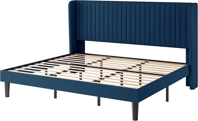 SHA CERLIN King Size Velvet Bed Frame, Tufted Wingback Headboard, Blue | 47'' Modern Vertical Channel Headboard, Upholstered Platform Bed, Wood Slats, No Box Spring Needed, Easy Assembly, Noise Free