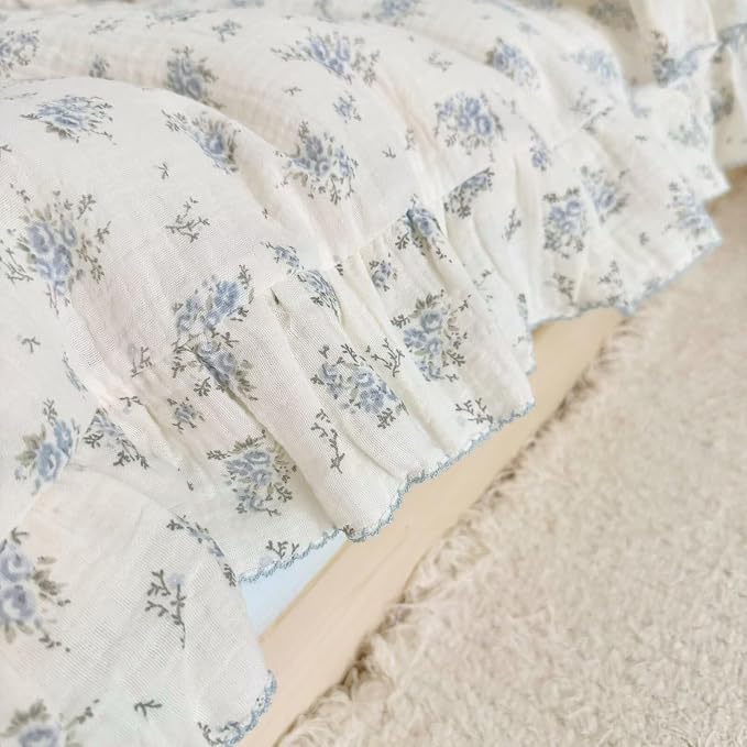 Muslin Cotton Kids Duvet Cover with Ruffles for Toddler Bed/Crib Comforter/Quilt Cover Shabby Chic Blue Freesia Print Toddler Duvet Cover Girls Boys, 47"x59", No Pillow Cases