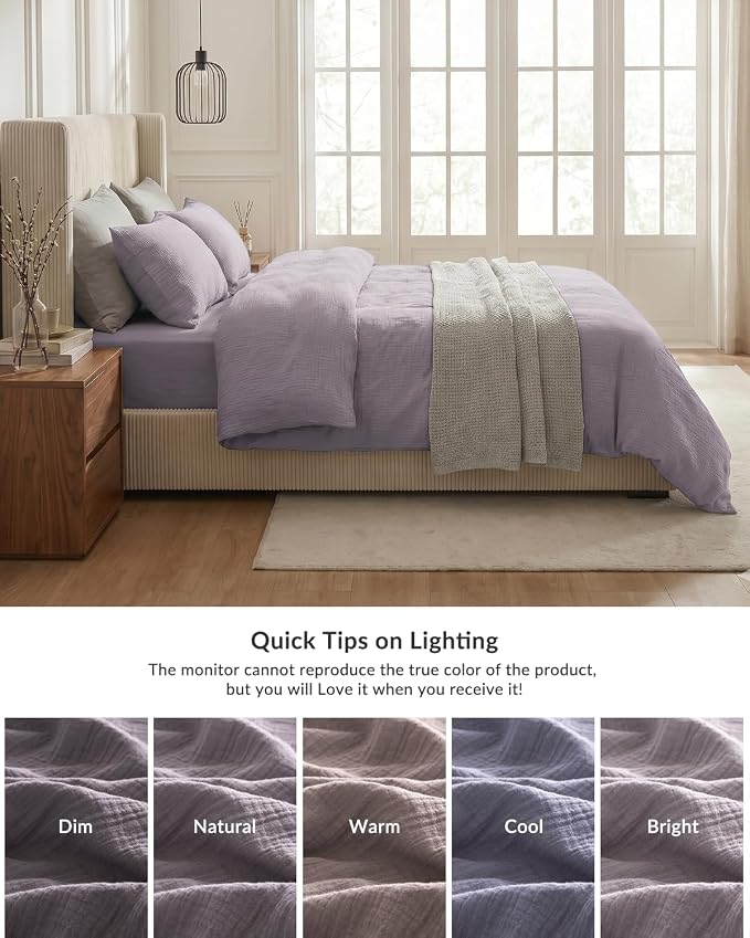SE SOFTEXLY Muslin Duvet Cover King Size, 100% Washed Cotton Duvet Cover Set, Ultra Soft Comforter Cover Linen Like, 3 Pieces Minimalist Gauze Duvet Cover with 2 Pillowcases, 90"x104", Purple Grey