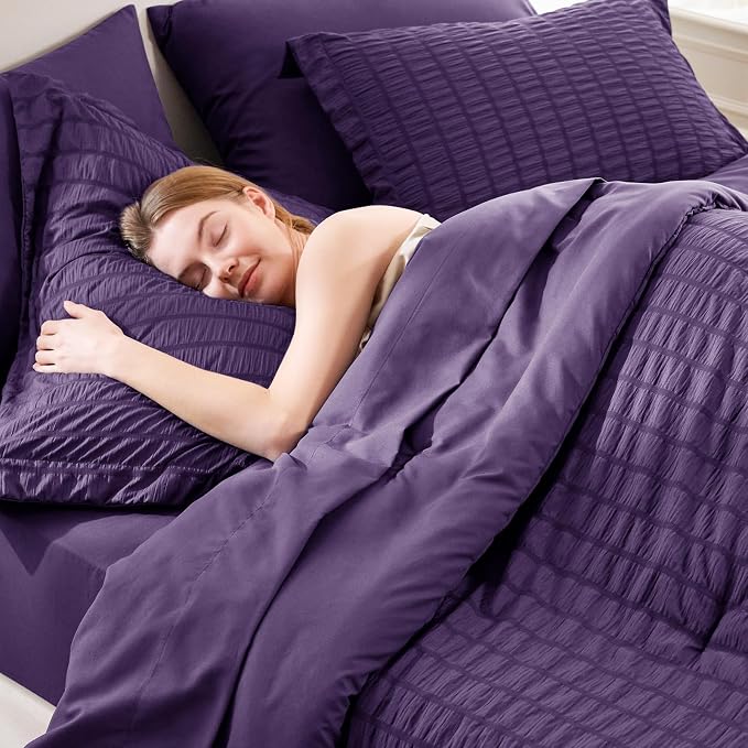 Full Size Comforter Sets, 7 Pieces Purple Seersucker Bed in a Bag | OEKO-TEX Certified, All Season Bedding Set with 240 GSM Down Alternative Comforter, Flat & Fitted Sheets, Pillowcases & Shams