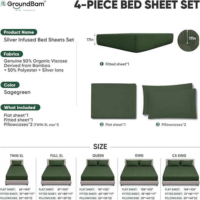 Silver Infused Bed Sheets Set, Temperature-Regulating Fabric with Self-Cleaning Technology for 3X Freshness Sleep, Soft and Cool-to-the-Touch Lightweight Bedding Set (SageGreen, Caking)