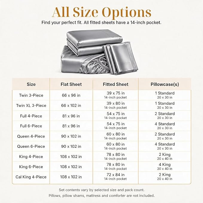 CozyLux Satin Sheets Queen, 6-Piece 14-Inch Deep Pocket Sheet Set | OEKO-TEX Certified Silky Soft Sheet Set for Hair & Skin, Luxurious Silky-Smooth Satin for Elegant Bedroom Decor, Light Grey