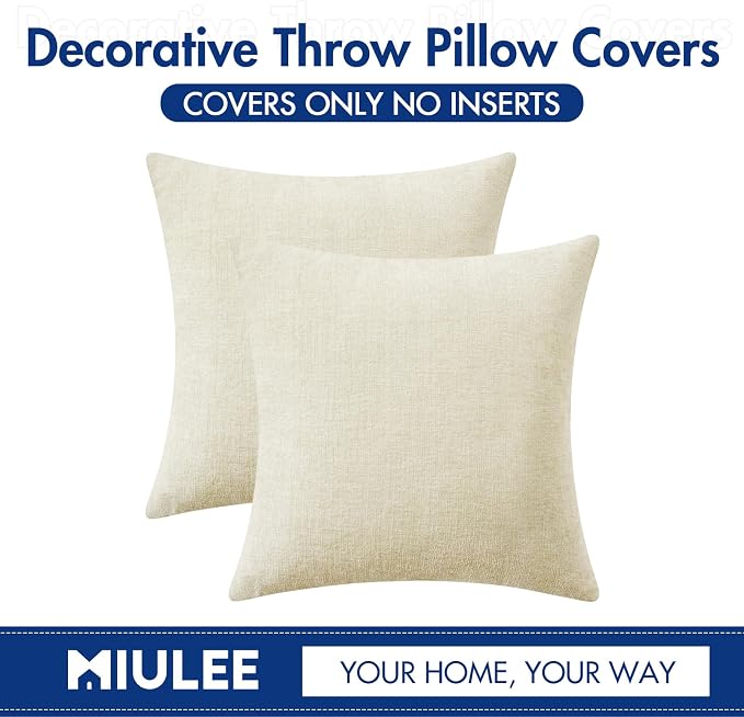 MIULEE Soft Chenille Throw Pillow Covers Cream 18x18 Inch Pack of 2 | Modern Home Decor, Classic Decorative Pillows, Solid Dyed Cases, Boho Couch Cushion Covers for Sofa Bed Living Room