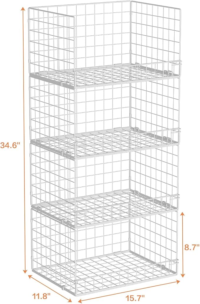 Yociyoga 4-Tier Stackable Closet Organizers and Storage Basket, Foldable Closet Shelf Organizer System, Space-Saving Clothes Storage Drawer Organizer for Wardrobe, White (Patent 30022416)