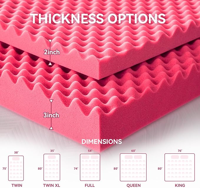SINWEEK 2 Inch Egg Crate Memory Foam Mattress Topper Twin XL, Twin Extra Long Mattress Pads for College Dorm Room, Pressure Relieve CertiPUR-US Certified,39x80 Inches, Pink