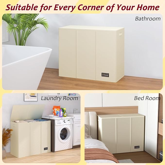 220L Laundry Hamper 3 Section,Large Laundry Hamper with Lid,Dirty Clothes Hamper with 3 Inner Bags,Collapsible Laundry Basket Organizer for Laundry Room,Bedroom,Laundry Sorter Hamper 3 Compartment