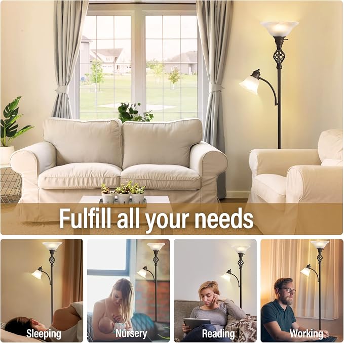GyroVu Torchiere Floor Lamp for Living Room, LED Standing Reading Light | Glass Lampshade,72" Vintage Tall Lamps for Bedroom Corner Home Office, Bulbs Included