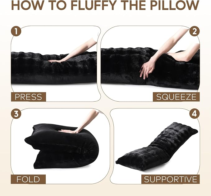 DOWNCOOL Premium Large Body Pillow Insert with Faux Rabbit Fur Cover - Large Full Body Pillows for Adults - Soft Long Bed Pillows for Side Sleepers - 20x54 inch (Black, with Cover)