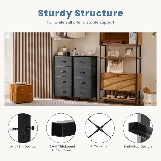 DUMOS Nightstand, Bedside Table with 4 Fabric Drawers | Night Stand with Removable Bins, Steel Frame Wood Top, Small Dresser for Bedroom Closet