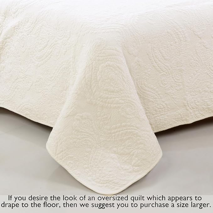 Cozy Line Home Fashions Ivory Cotton Quilt Set – 3-Piece Quilted Damask Medallion Bedspread with Shams, Textured All Season Elegant Bedding, King