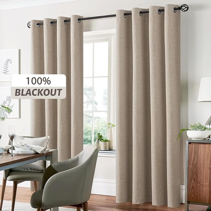 Yakamok Natural Linen Textured Curtains 84 Inches Long for Living Room | 100% Blackout Curtains,Room Darkening Curtains,Thermal Grommet Bedroom Curtain 2 Panels with Greyish White Liner,52W x 84L