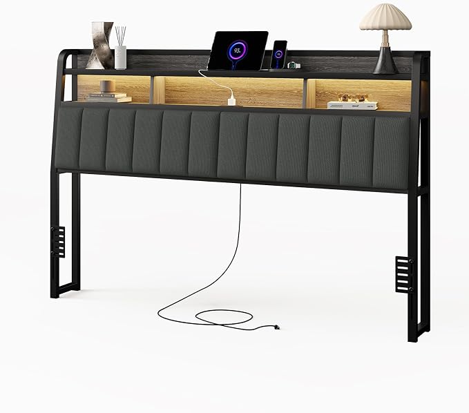 King Headboard Only with Storage, Charging Station, Black & Grey | Upholstered Headboards for King Size Bed with LED Light, Height Adjustable, Sturdy and Stable Headboard