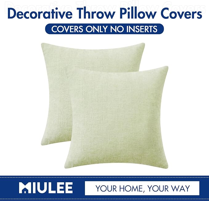 MIULEE Soft Chenille Throw Pillow Covers Light Green 18x18 Inch Pack of 2 | Modern Home Decor, Classic Decorative Pillows, Solid Dyed Cases, Boho Couch Cushion Covers for Sofa Bed Living Room