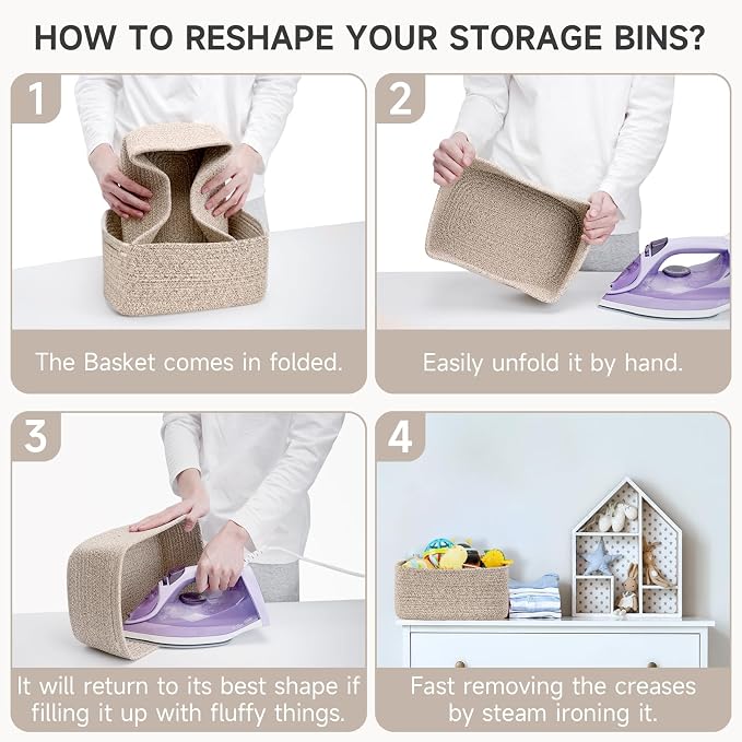 3 Pack Small Storage Baskets for Organizing, 11.8×7.8×5.1", Mixed Brown | Woven Baskets for shelves, Cotton Rope Basket for Gifts Empty, Closet Organizer Bins with Handles, Cube Decorative Box