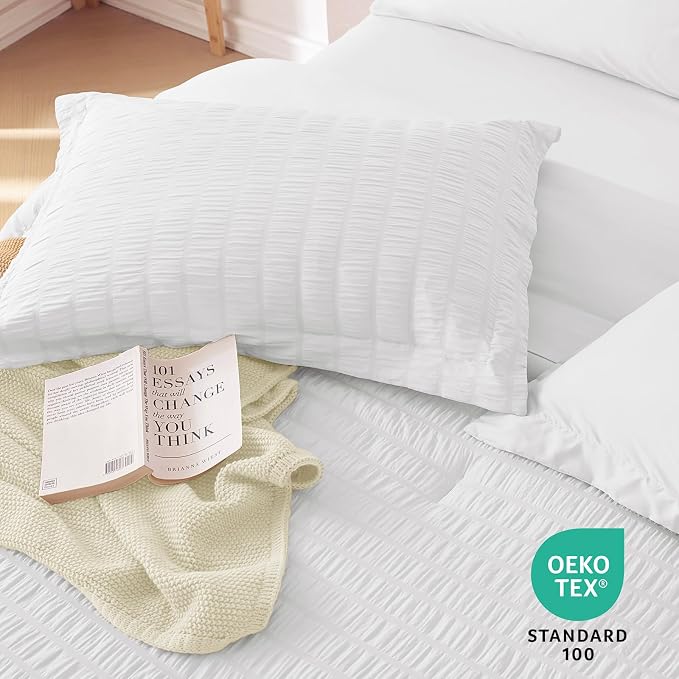 5 Pieces Twin Comforter Set, Seersucker Bed in a Bag Twin Size, All Season Luxury Bedding Set with Comforter, Flat Sheet, Fitted Sheet, Pillowcase & Sham, White