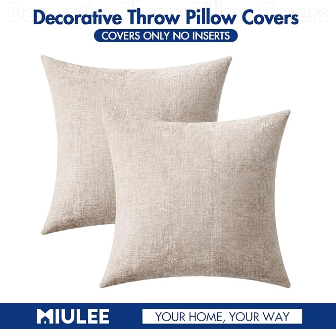 MIULEE Soft Chenille Throw Pillow Covers Light Brown 18x18 Inch Pack of 2 | Modern Home Decor, Classic Decorative Pillows, Solid Dyed Cases, Boho Couch Cushion Covers for Sofa Bed Living Room