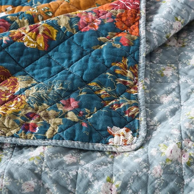 VISIMISI Cotton Bedspread Quilt Sets Reversible Bedding Coverlet Sets 3 Pieces Paisley Vintage Floral Yellow Blue Patchwork Bedspread, Queen Size