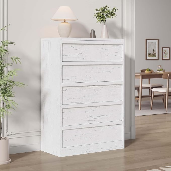 Garvee 5 Dresser for Bedroom, 43.3" Tall Dresser, Freestanding Horizontal Drawer with Storage, Wooden Closet Chest Storage for Living Room, Hallway, Entryway, White