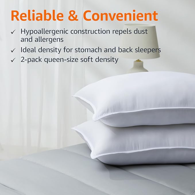 Amazon Basics Down Alternative Pillows for Stomach and Back Sleepers, Soft Density, Queen Size 30" x 20", White, 2-Pack