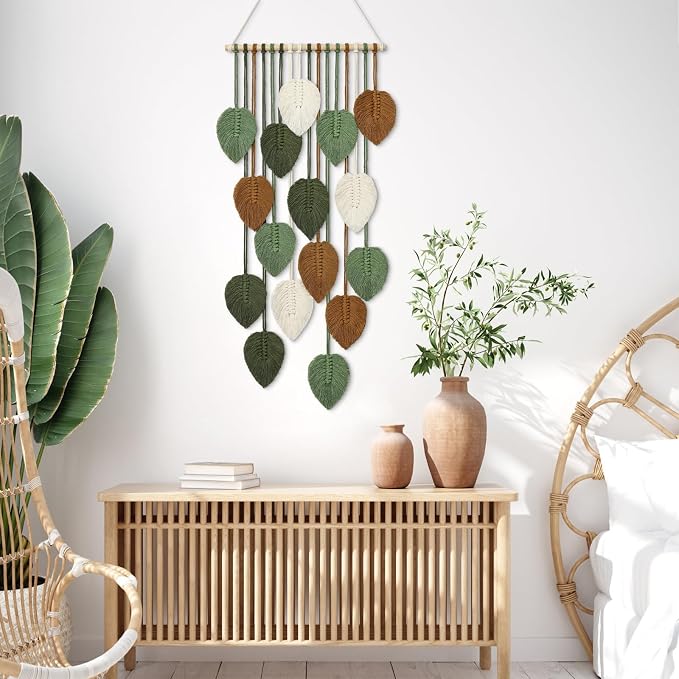 Vertical Macrame Wall Hanging Boho Home Decor Long Narrow Chic Wall Art | KHOYIME Bohemian Woven Leaves Tapestry Vintage Decorations for Front Door Indoor Entrance Living Room Bedroom 16.5"W x 37.5"L