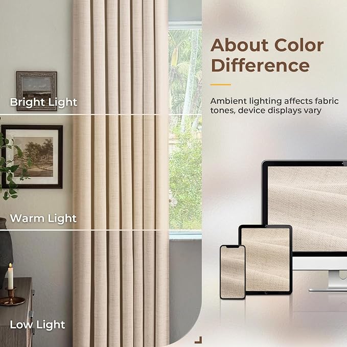 100% Blackout Curtains for Bedroom Oatmeal Linen Look Curtains 96 Inch Long | Black Out Curtains for Living Room 2 Panels, Clip Rings Blackout Drapes, Thermal Insulated Room Darkening, W50xL96