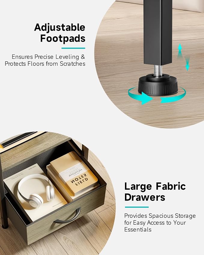Lazzanto Nightstand with Rear Charging Station, LED Light, 2 Drawers, Grey | Industrial Nightstand, 2 USB-A Ports & AC Outlets, Raised Back Guard, Fabric Storage Drawers, Bedside Table for Bedroom, Dorm