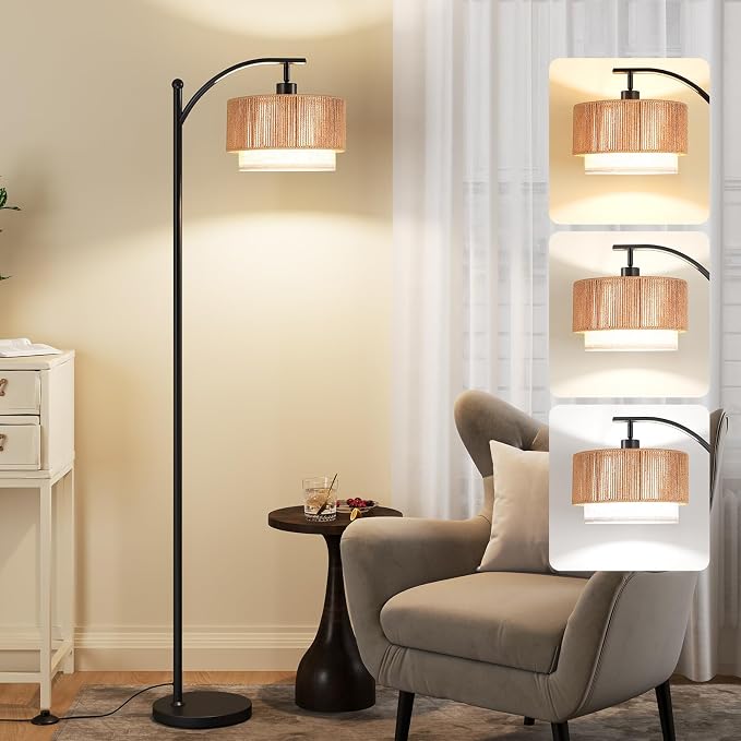 SUNMORY Arc Floor Lamps for Living Room, Rattan Standing lamp with 12W Bulb | Arched LED Lamp with 3 Color Temperatures, Farmhouse Floor Lamps with Adjustable Shades, Boho Floor Lamp for Bedroom, Corner