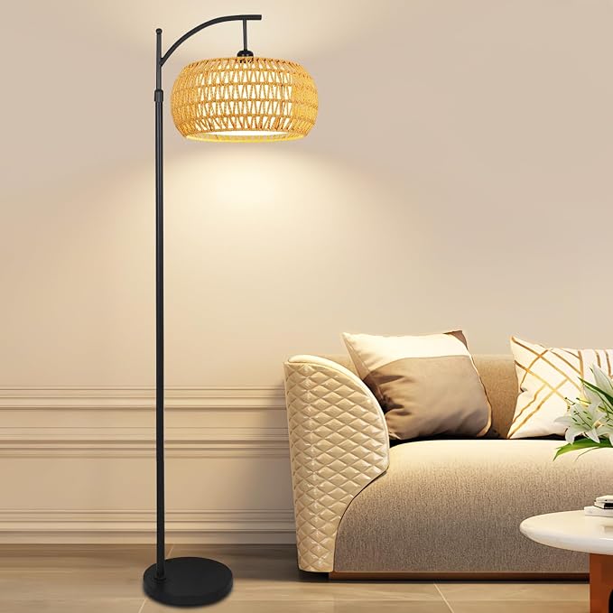 Arc Floor Lamps for Living Room Rattan Boho Floor Lamp with Remote Control,Dimmable LED Floor Lamp Wicker Lamp Shades Black Standing Lamp with 3 Color Temperature Tall Floor Lamps For Bedroom Corner