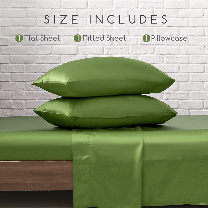 MR&HM Satin Sheets Twin Size with Elastic Corner Straps, Sage | Similar to Silk, 3-Piece Silky Soft Bed Sheet Set, Gentle on Skin and Hair, 15" Deep Pocket, Cooling & Breathable