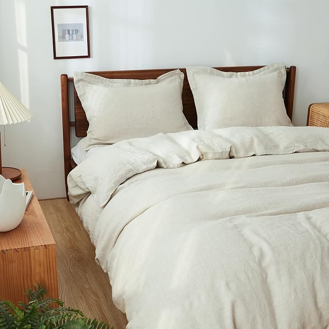 Simple&Opulence 100% Linen Duvet Cover Set 3pcs Basic Style Natural French Washed Flax Solid Color Soft Breathable Farmhouse Bedding with Button Closure - White, Queen