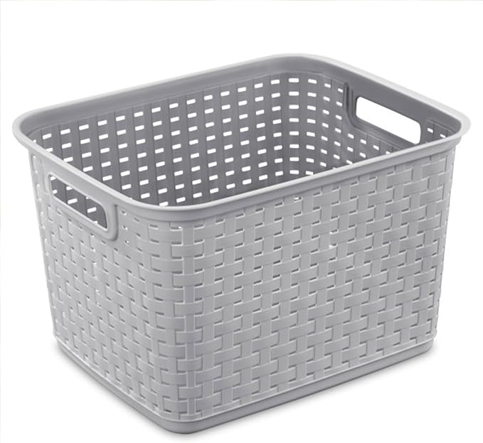 Sterilite Tall Weave Basket, Rectangular Plastic Décor Bin, Gray, 6 Pack | Multi-Purpose and Decorative Organizer for Clothes, Shelves, Closets, Pantries, Living Rooms or Offices